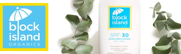 Block Island Organics logo and sunscreen bottle with eucalyptus leaves
