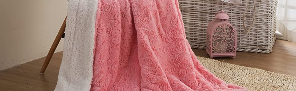 lovely rosey pink throw blanket faux fur luxury soft warm winter sherpa backside fancy elegant gift