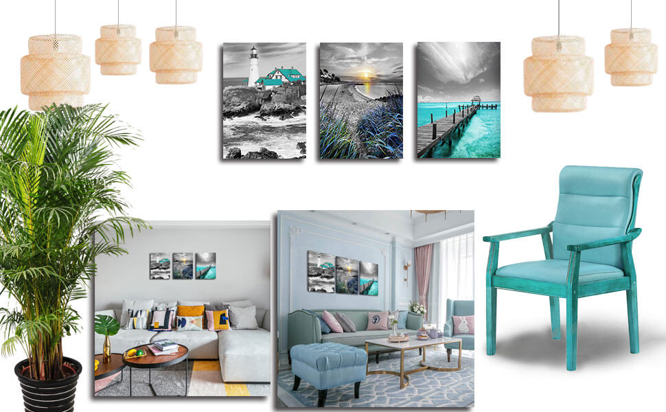 Canvas Wall Art Ocean Seascape Blue Painting Prints Modern Lighthouse Teal Turquoise Landscape
