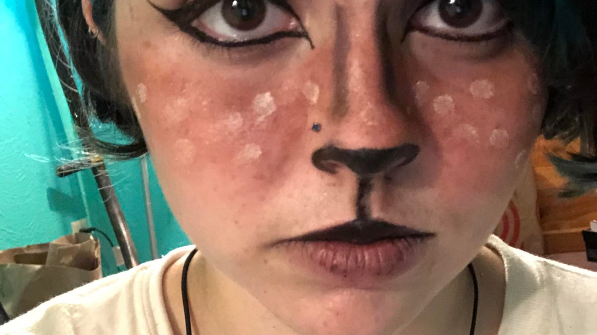 Here is my attempt at faun makeup.  Don’t laugh at the bad attempt to get around my nose.  Inspired by Pinterest research “faun makeup”