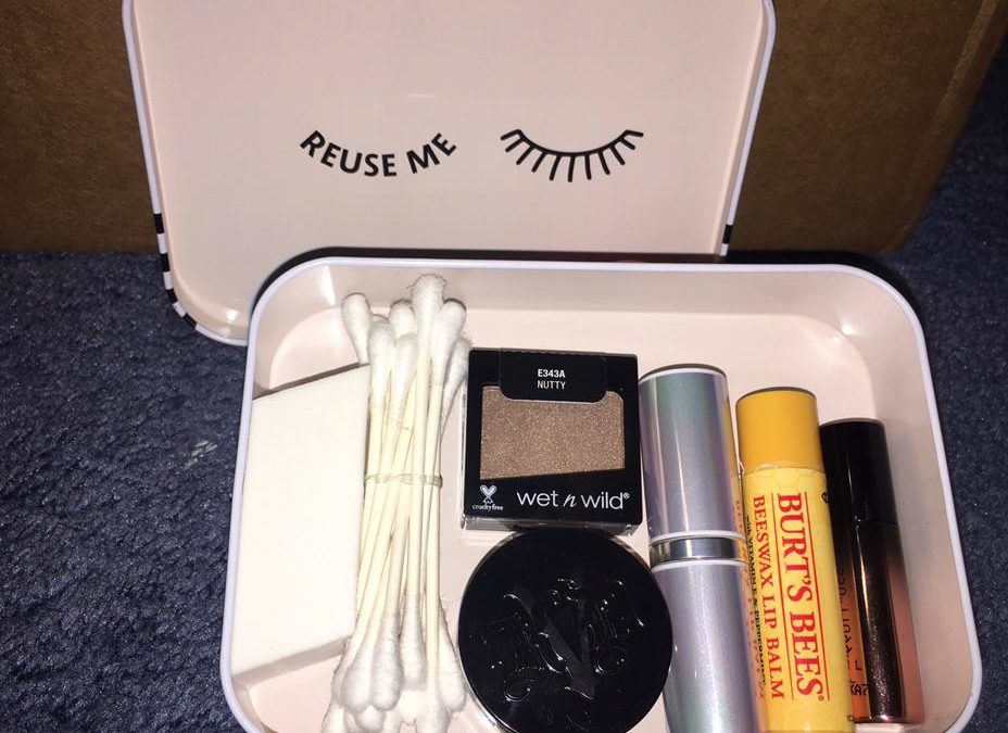 Mini on-the-go makeup kit consisting of an old mascara box, minis and a few magnetic stickers.
