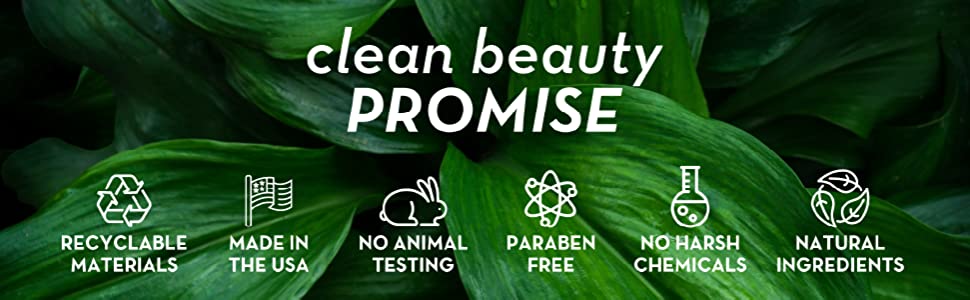 Text and icons on leafy background with clean beauty promise, recyclable, made in USA, natural, etc.