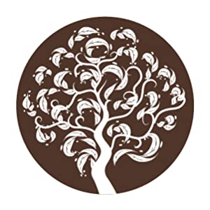 Graphic of tree with leaves inside a brown background of a circle with text explaining brand story.