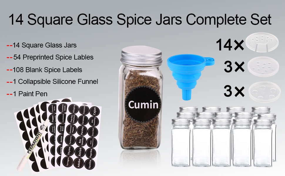14 Square Glass Spice Jars