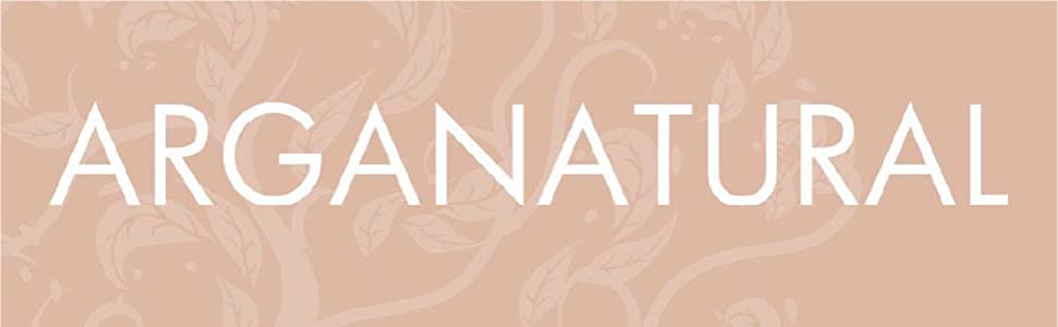 Text reads “Arganatural” in large white letters against a pink/beige background with foliage.