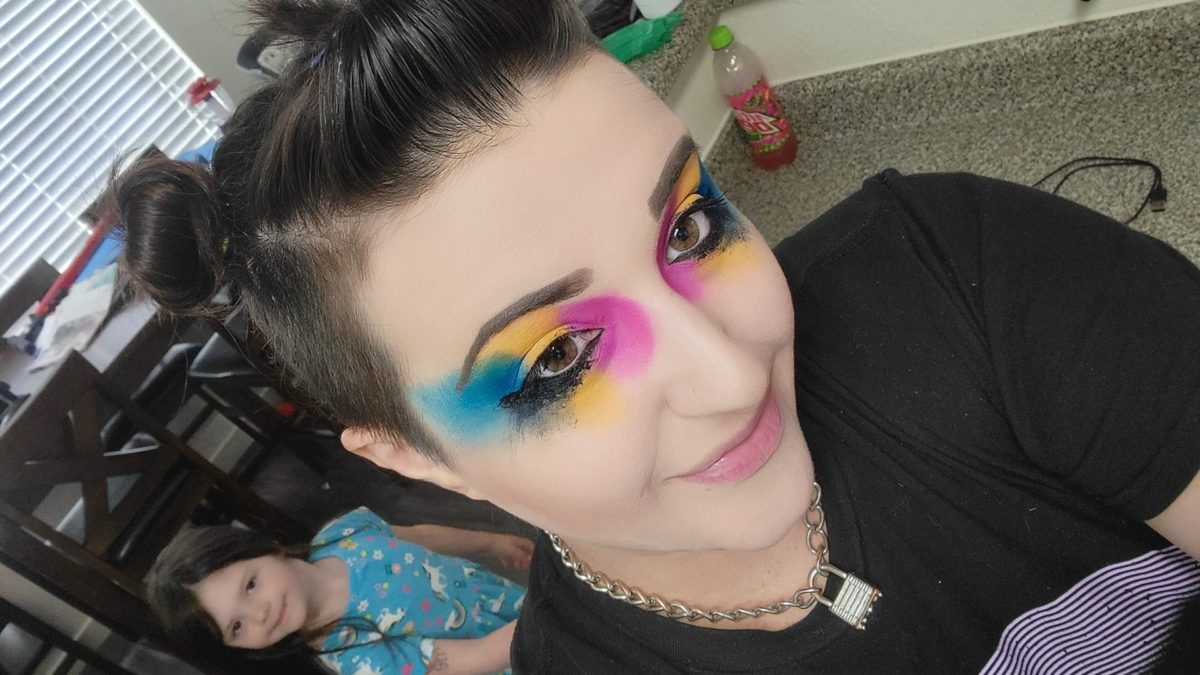 Pansexual Pride look using Urban Decay Electric palette and yellow from Peachy Queens Spicy Sriracha palette